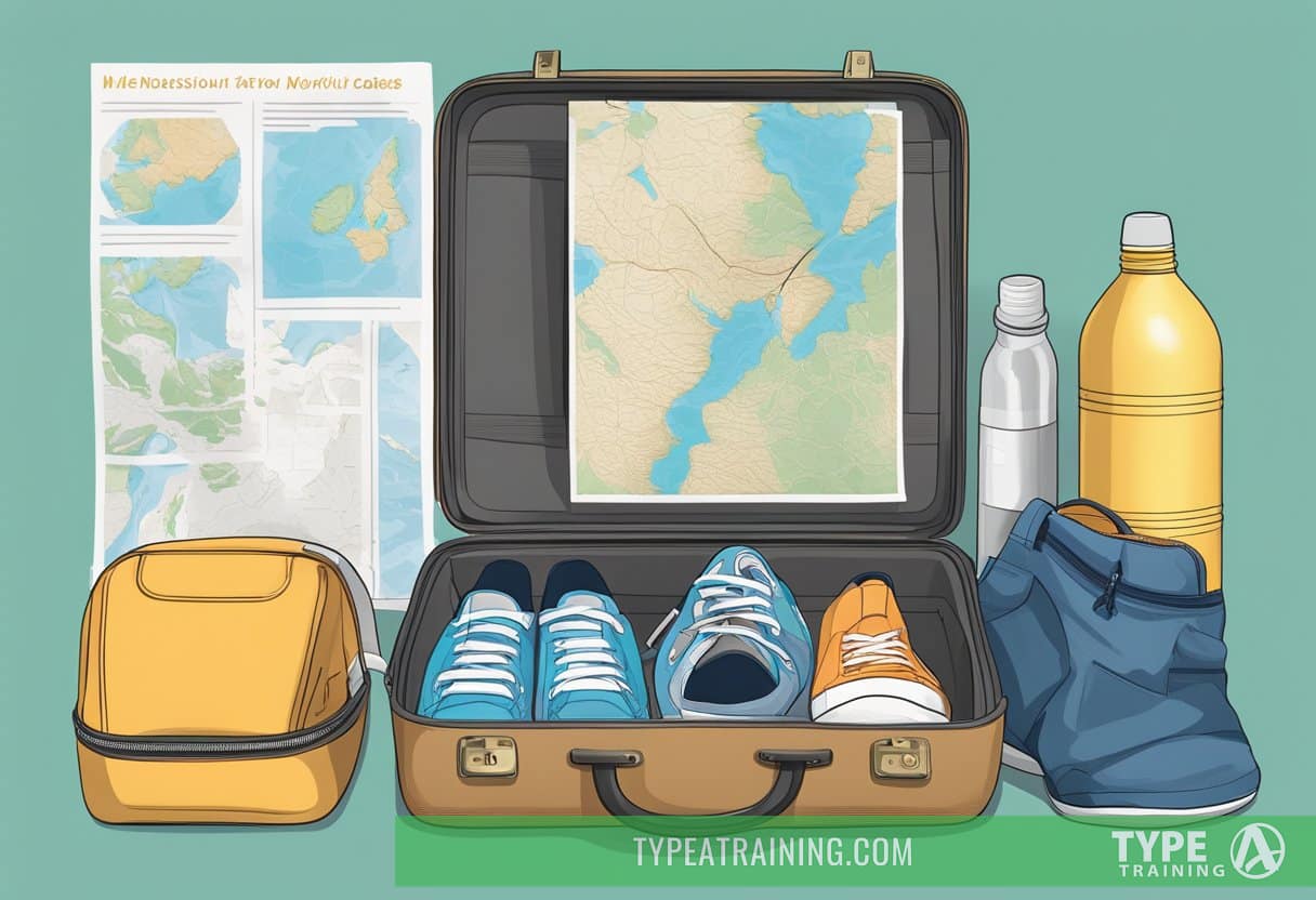 A person's suitcase open, revealing workout clothes, sneakers, and a water bottle. Nearby, a map and travel guide sit on a table