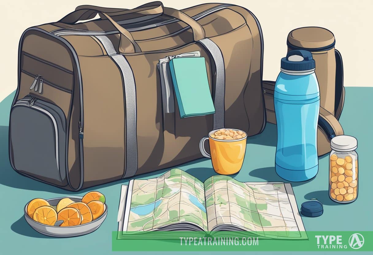 A suitcase packed with healthy snacks and supplements next to a gym bag and water bottle, with a map and travel itinerary in the background