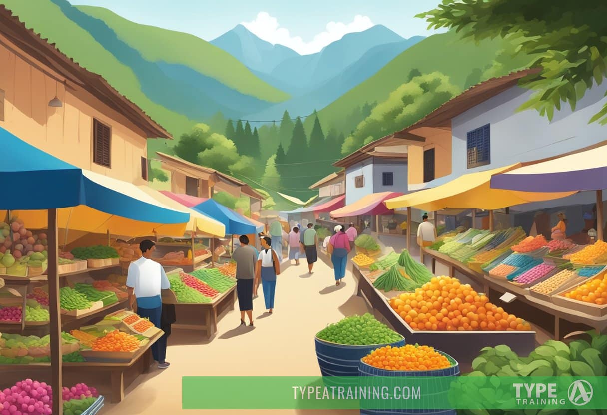 A colorful market with traditional crafts and local produce, surrounded by lush greenery and a mountain backdrop