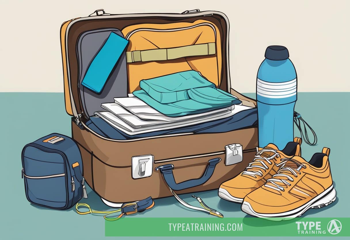 A suitcase packed with workout gear next to a map and travel guide, with a pair of running shoes and resistance bands spilling out
