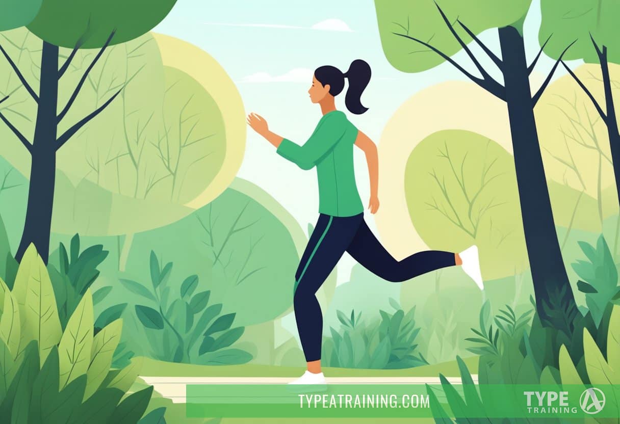 A person with Lyme disease exercises outdoors, surrounded by trees and a gentle breeze. They are doing low-impact activities like walking or gentle stretching