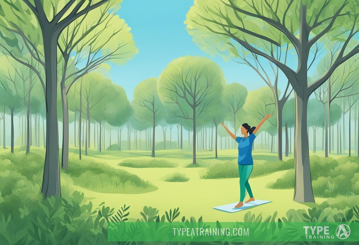 A person with Lyme disease exercises outdoors, surrounded by trees and a clear blue sky. They are engaged in gentle movement, such as yoga or walking, to manage their symptoms