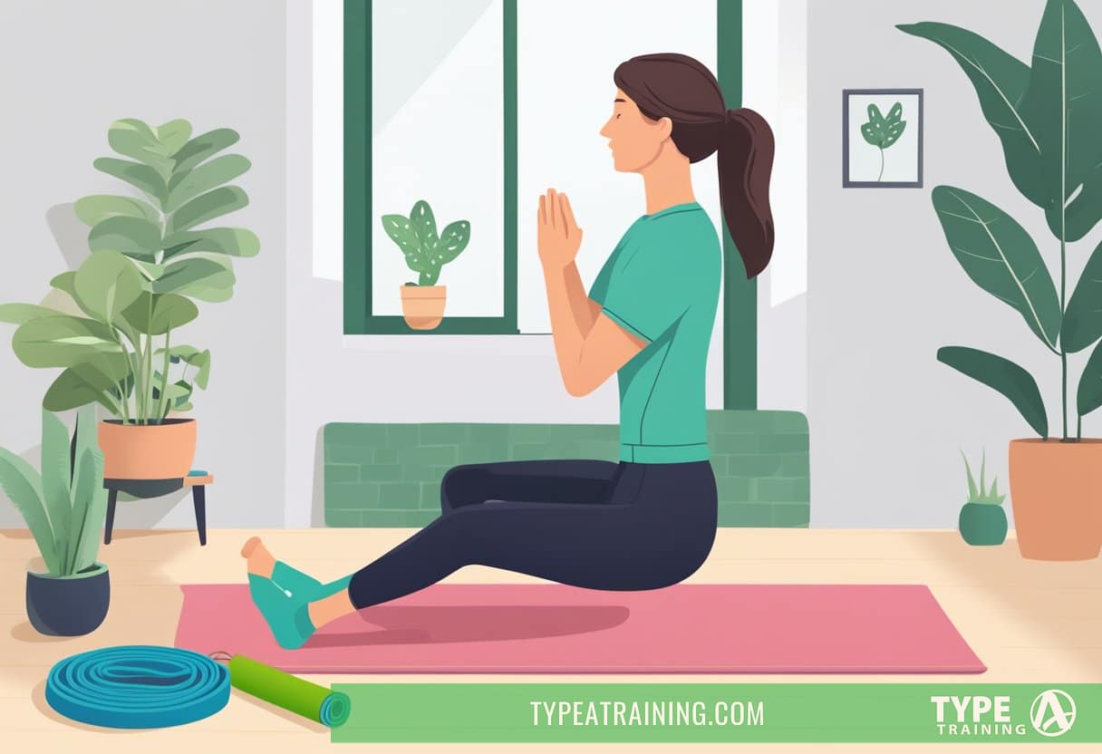 A person with Lyme disease exercises at home, using resistance bands and a yoga mat. They refer to a list of frequently asked questions about exercising with the disease