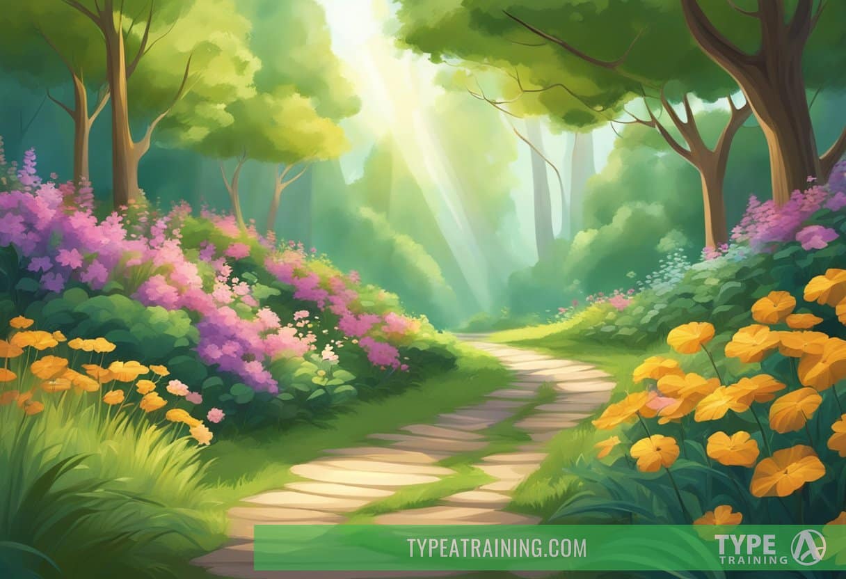 A serene forest with a winding path, sunlight filtering through the trees. A variety of vibrant, healthy plants and flowers line the trail, creating a peaceful and rejuvenating atmosphere