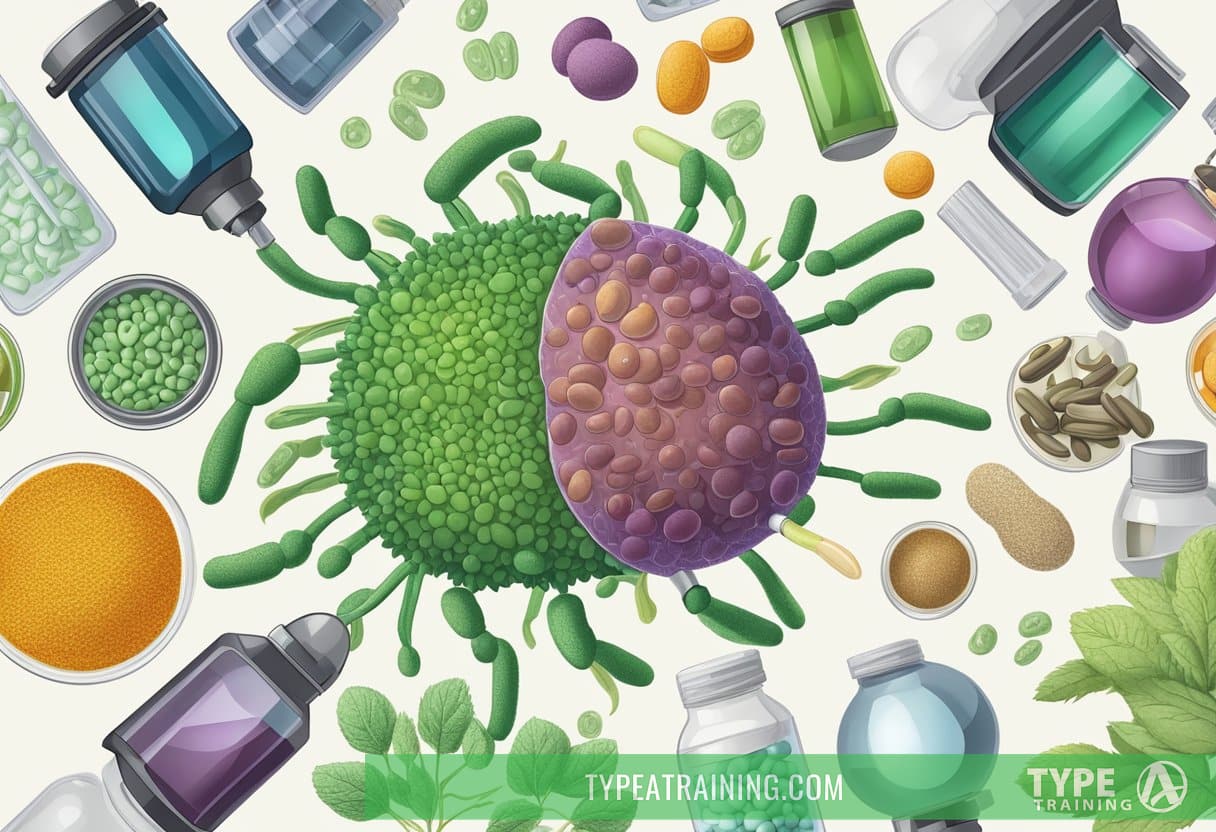 A microscope revealing the intricate structure of a Lyme disease bacterium, surrounded by various immune system-boosting tools such as vitamins, herbs, and supplements