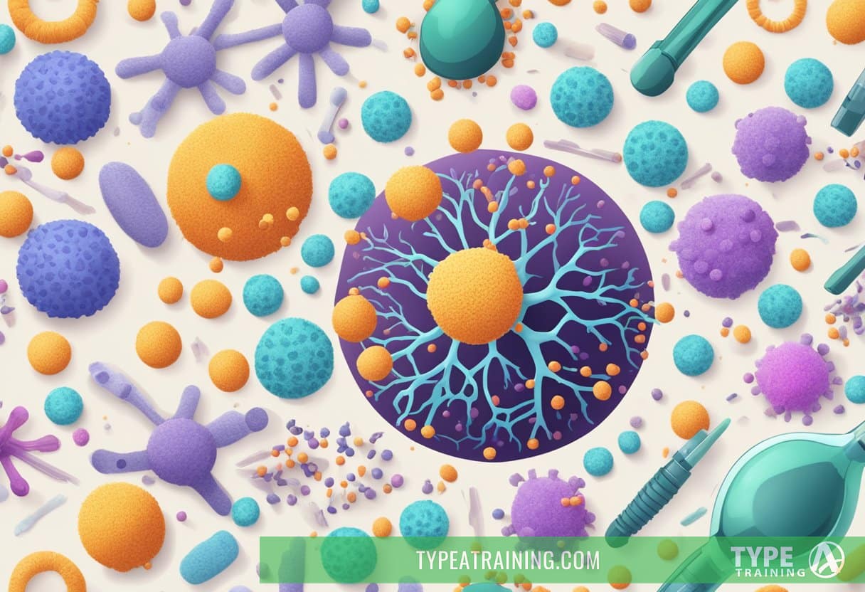 A vibrant immune system surrounded by microscopic pathogens, with tools and resources to help it rebound
