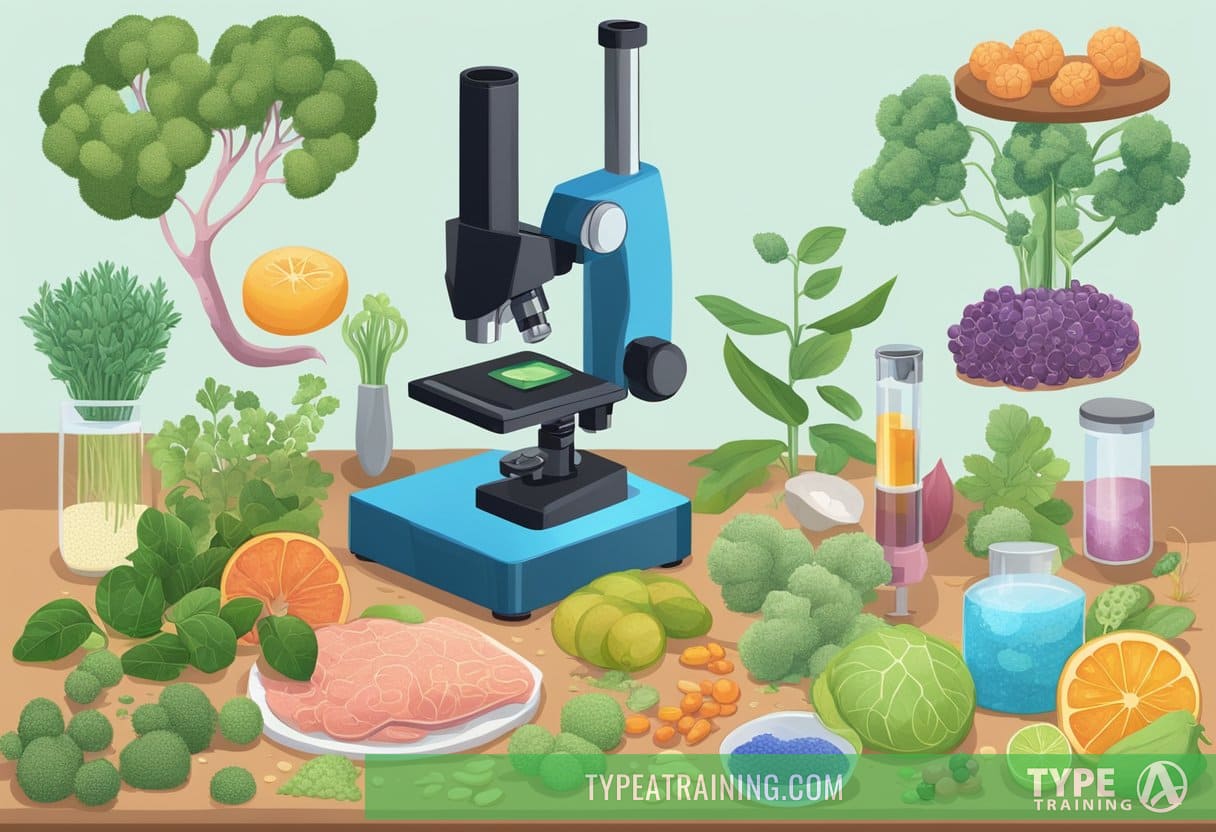 A microscope revealing the distinct cellular structures of Lyme disease and Long COVID. Surrounding it are various immune-boosting tools such as vitamins, herbs, and healthy foods