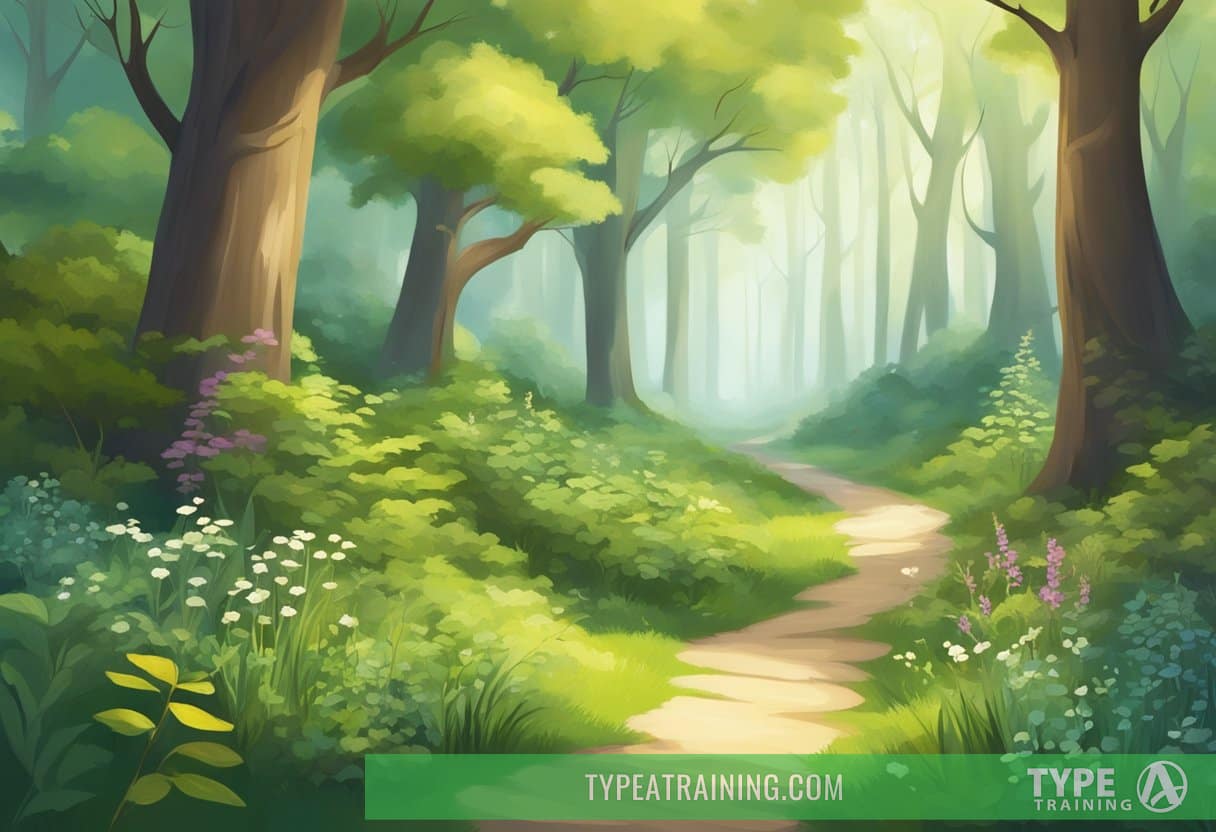 A serene forest with a winding path leading to a bright, open clearing. Various herbs and plants are scattered throughout, with a sense of renewal and healing in the air