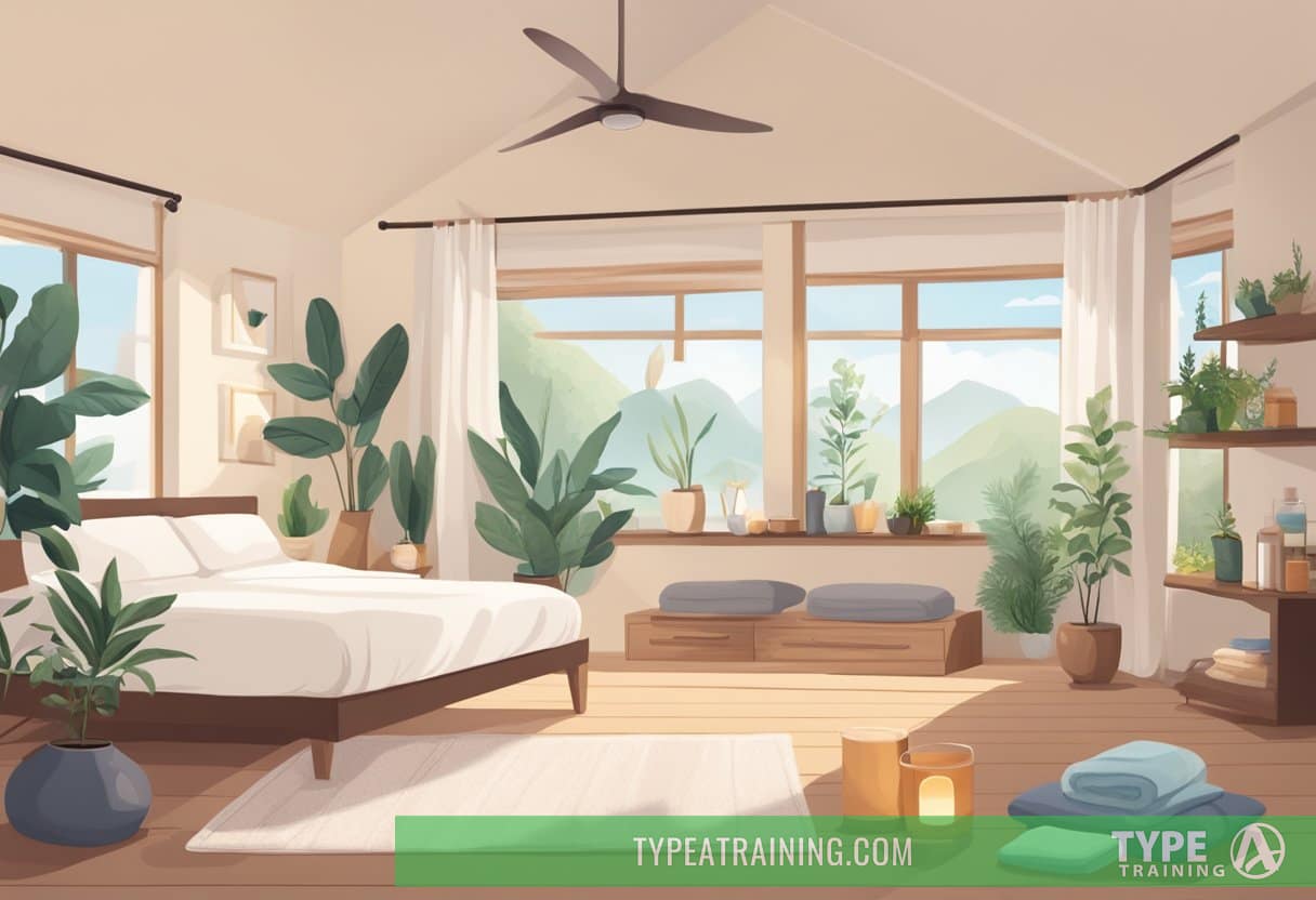 A serene bedroom with a diffuser emitting essential oils, a cozy blanket, herbal teas, supplements, and a yoga mat for gentle exercise