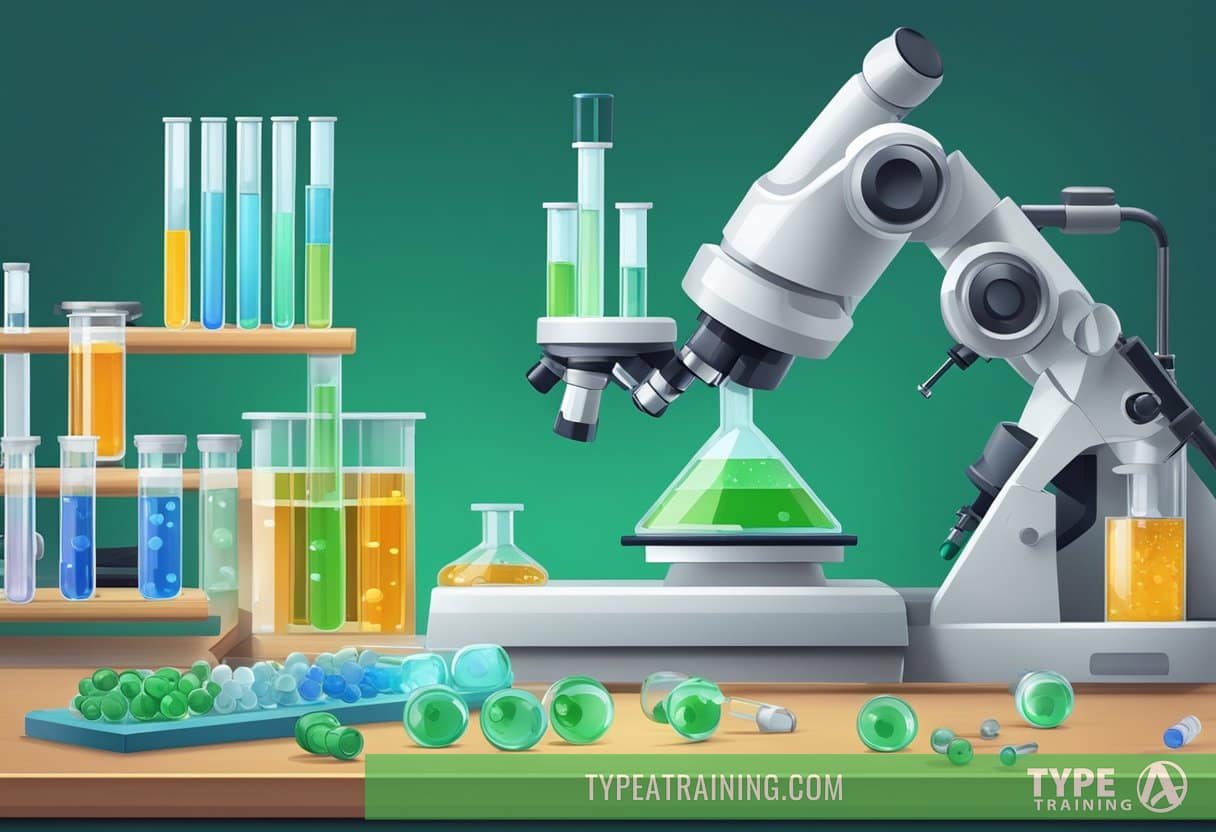 A laboratory table with test tubes, petri dishes, and scientific equipment. A microscope is set up for research on Lyme Disease and Long COVID