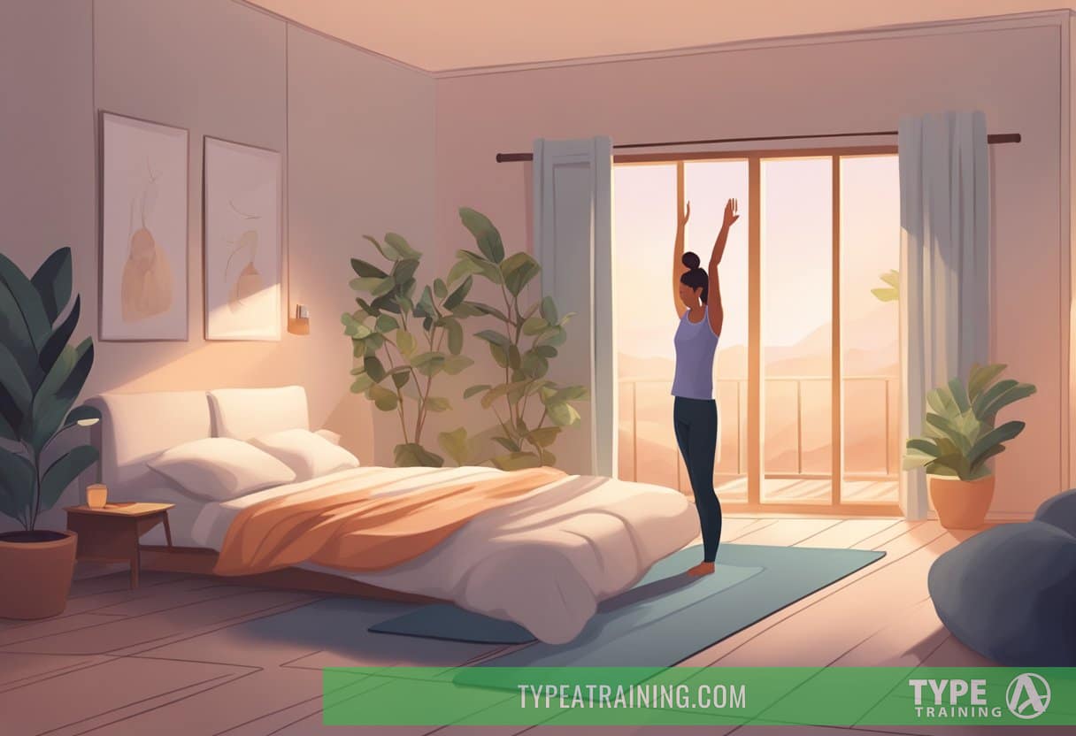 A serene bedroom with soft lighting, a yoga mat on the floor, and a person in pajamas doing gentle stretches and deep breathing exercises