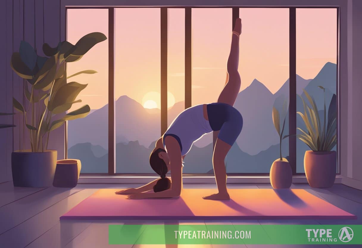 A figure performing gentle stretching and yoga poses in a dimly lit room before bed