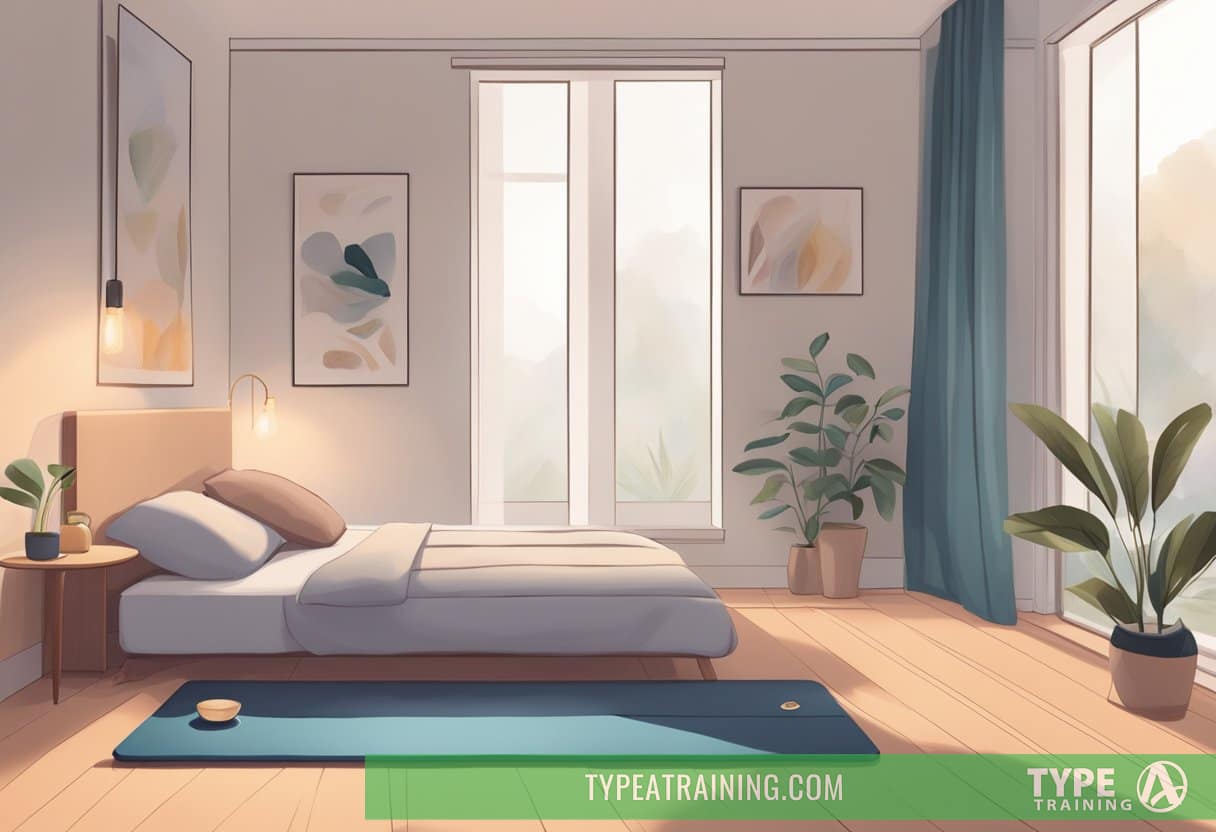 A serene bedroom with dim lighting, a yoga mat on the floor, and a person stretching or doing gentle exercises before bed