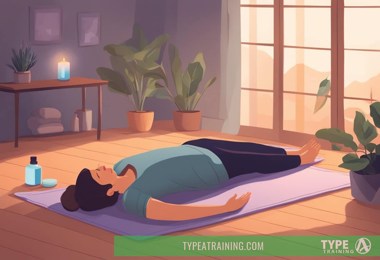 A person lying on a yoga mat in a dimly lit room, surrounded by calming essential oils and a soft blanket. They are performing gentle stretching exercises and deep breathing to relax before bed