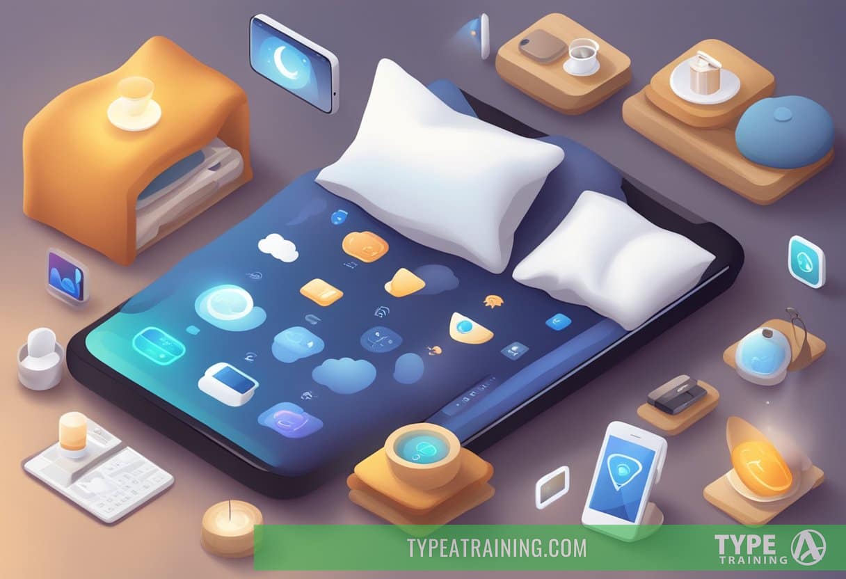 A cozy bed with a smartphone displaying various sleep app icons, surrounded by soft pillows and a warm blanket