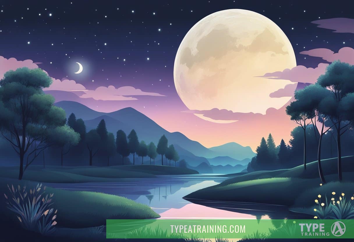 A serene night sky with a crescent moon shining down on a peaceful landscape with a winding river and a variety of trees and plants