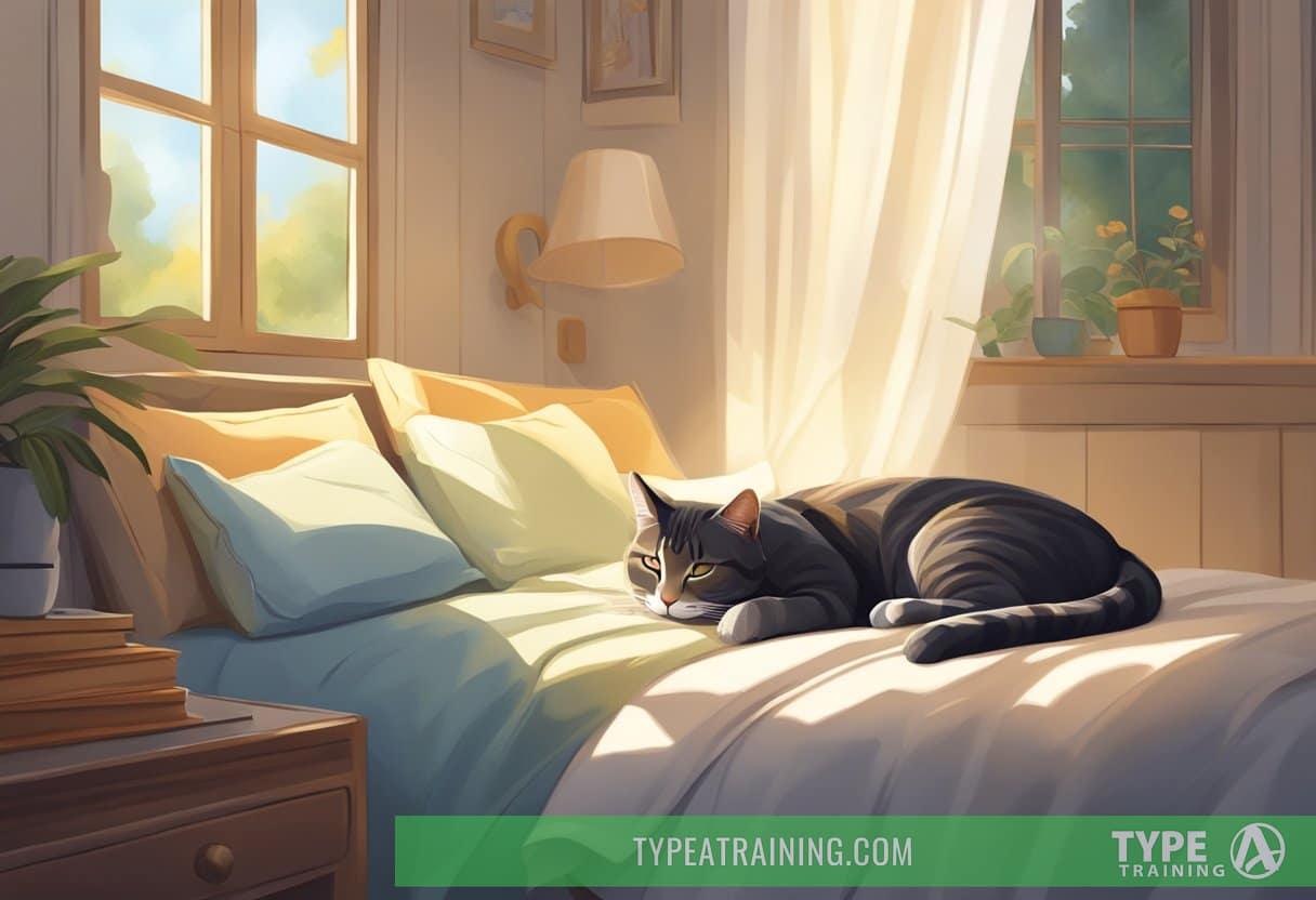 A cozy bed nestled in a peaceful room, sunlight streaming through the window onto a sleeping cat curled up in a blissful power nap