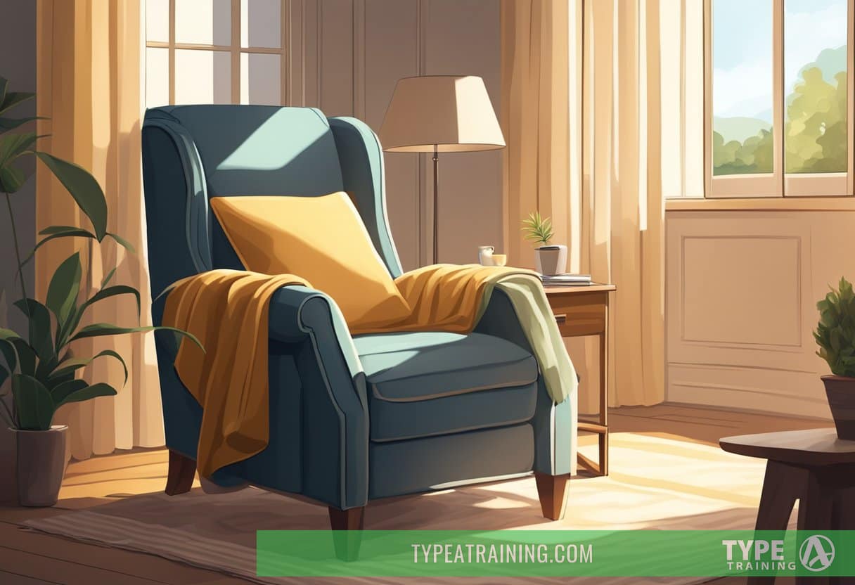 A cozy, dimly lit room with a comfortable recliner bathed in warm sunlight filtering through the curtains. A soft blanket and a pillow are neatly arranged, inviting relaxation