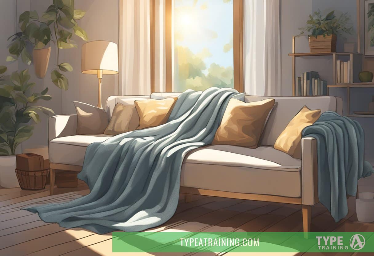 A cozy blanket spread out on a comfortable couch, with a soft pillow and gentle sunlight streaming in through a window