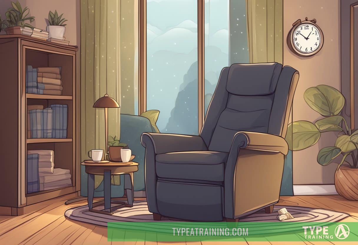 A cozy, dimly lit room with a comfortable recliner or bed, soft pillows, and a warm blanket. A clock on the wall shows a short time period, indicating a quick nap