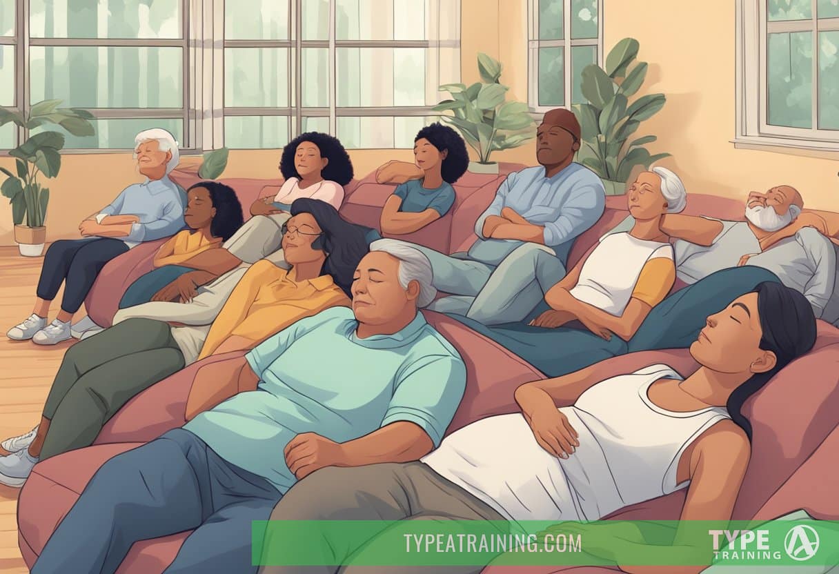 A diverse group of people from different backgrounds and ages enjoying a peaceful power nap in a comfortable and quiet environment