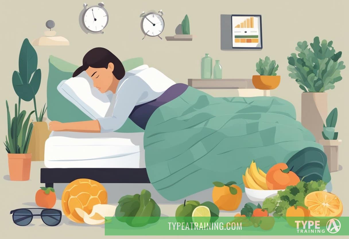 A person sleeping peacefully on a bed, surrounded by healthy food and exercise equipment, with a scale nearby