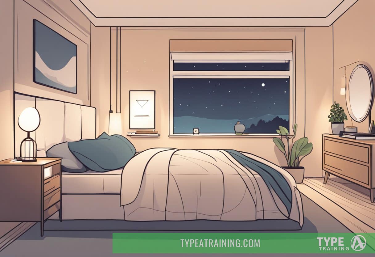 A cozy bedroom with a comfortable bed, a calming color scheme, and a dimly lit lamp. A scale and a sleep tracker sit on a bedside table