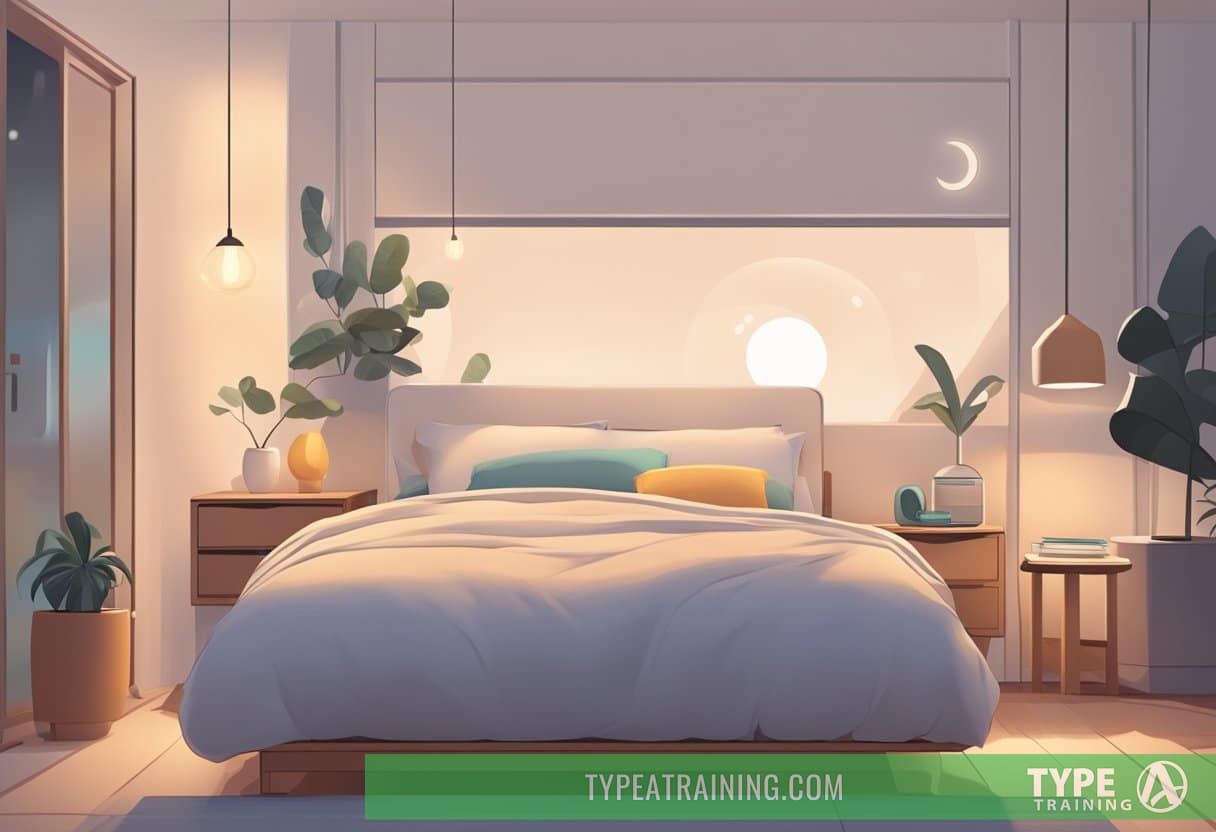 A peaceful bedroom with a cozy bed, a scale, and a sleep tracker on the nightstand. A person sleeping soundly with a content expression on their face
