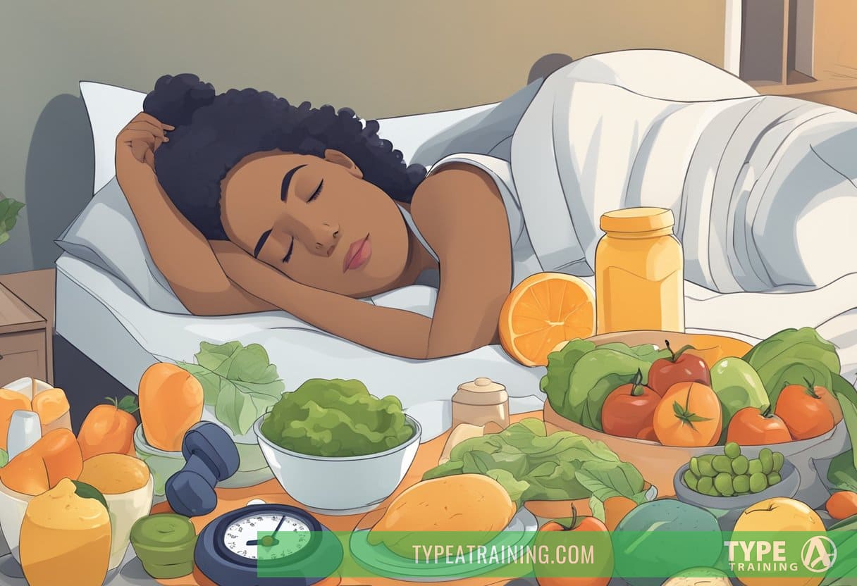 A person sleeping peacefully in bed, surrounded by healthy food and exercise equipment, with a scale and measuring tape nearby