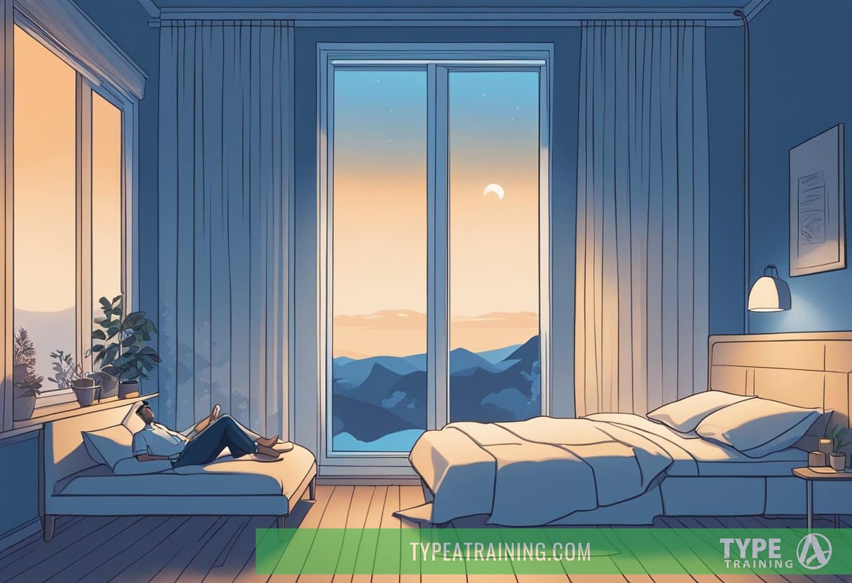 A person asleep in bed with a glowing blue screen nearby, casting a harsh light on the surroundings, while the moonlight outside the window is soft and calming