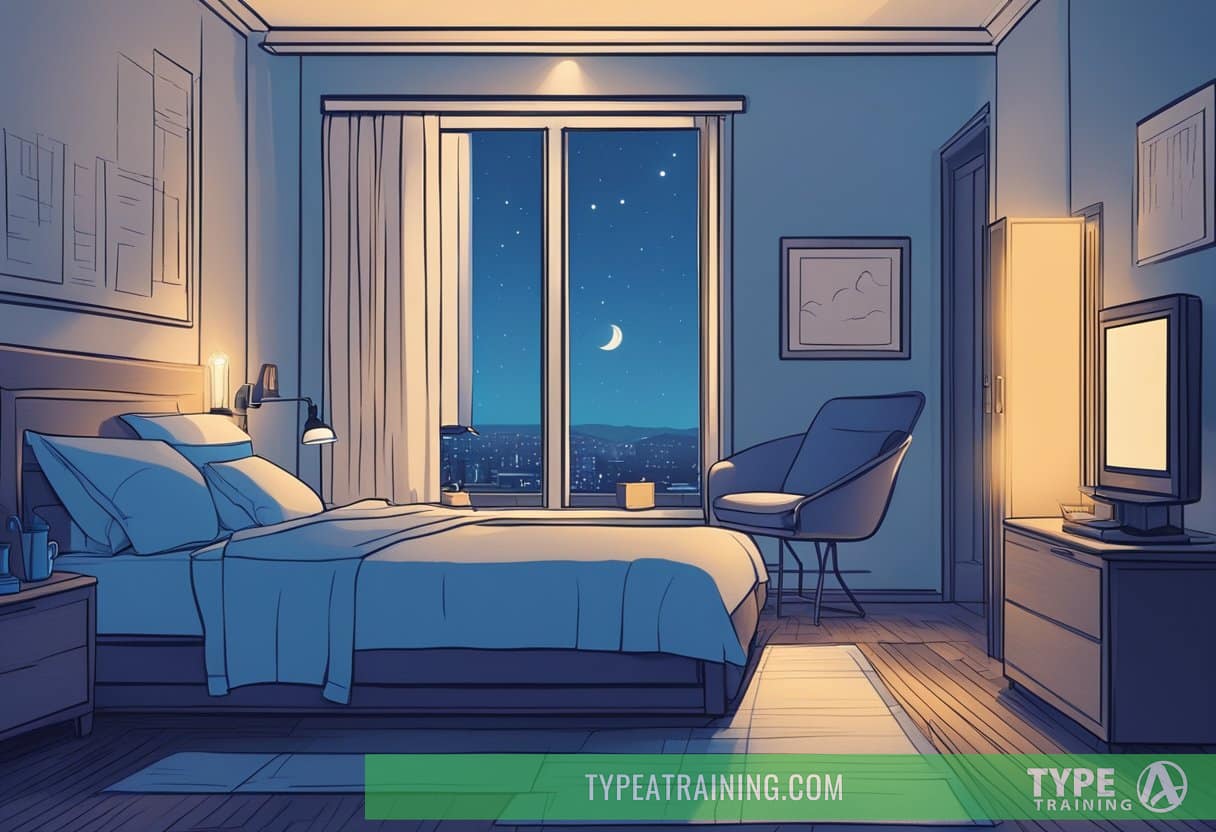 A dimly lit bedroom with a glowing blue screen casting light on the bed, while a clock shows late night hours