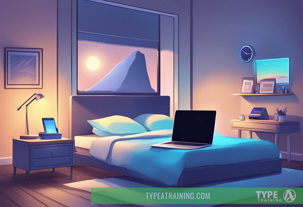 A cozy bedroom with a glowing smartphone on the nightstand, casting a blue light over the room. A laptop and tablet lie open on the bed, while a digital clock displays the late hour