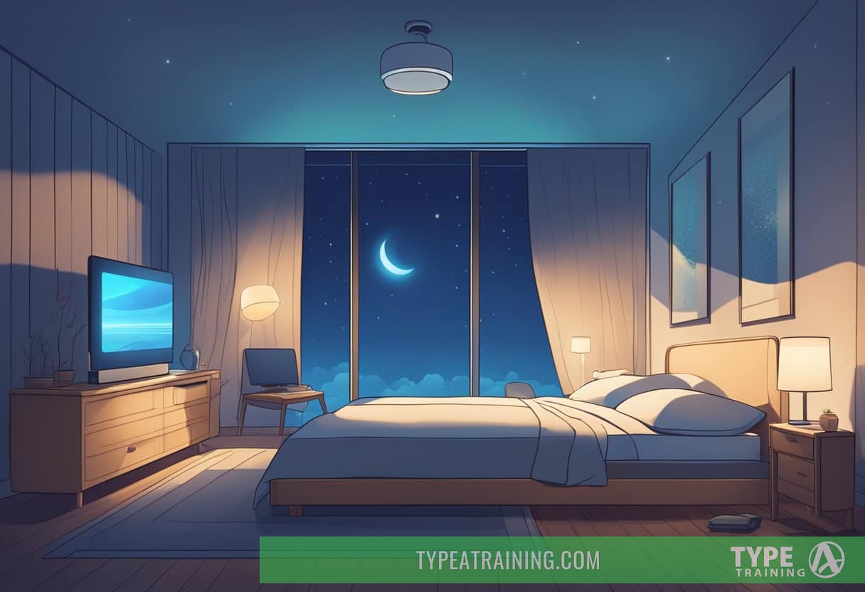 A cozy bedroom with a glowing digital screen casting a blue light onto the surroundings. A clock shows late hours while a person lies awake in bed