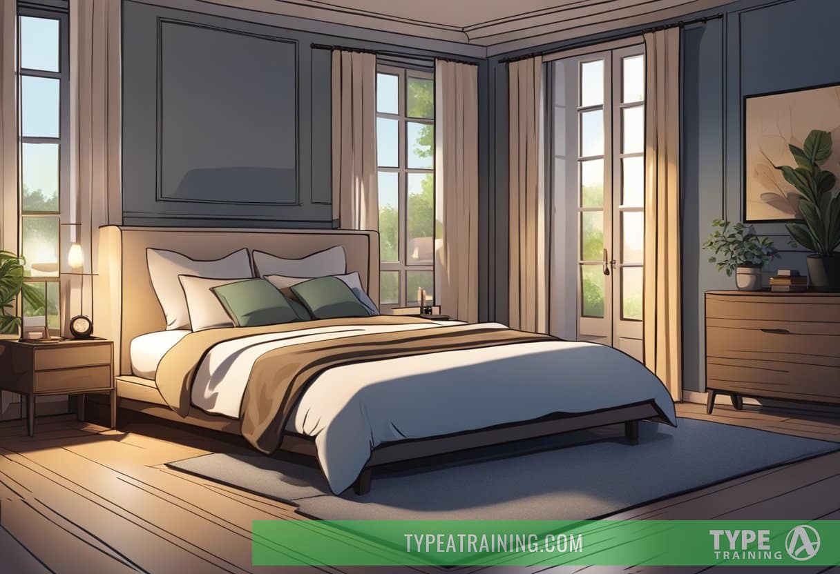 A serene, dimly lit bedroom with a comfortable bed and pillows, surrounded by peaceful surroundings and a sense of relaxation