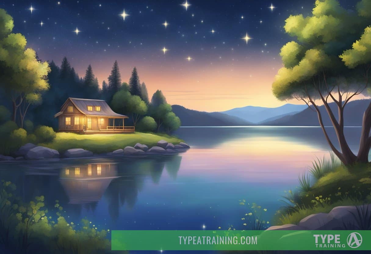A serene landscape with a peaceful, starry night sky and a tranquil setting, surrounded by lush greenery and a calm body of water