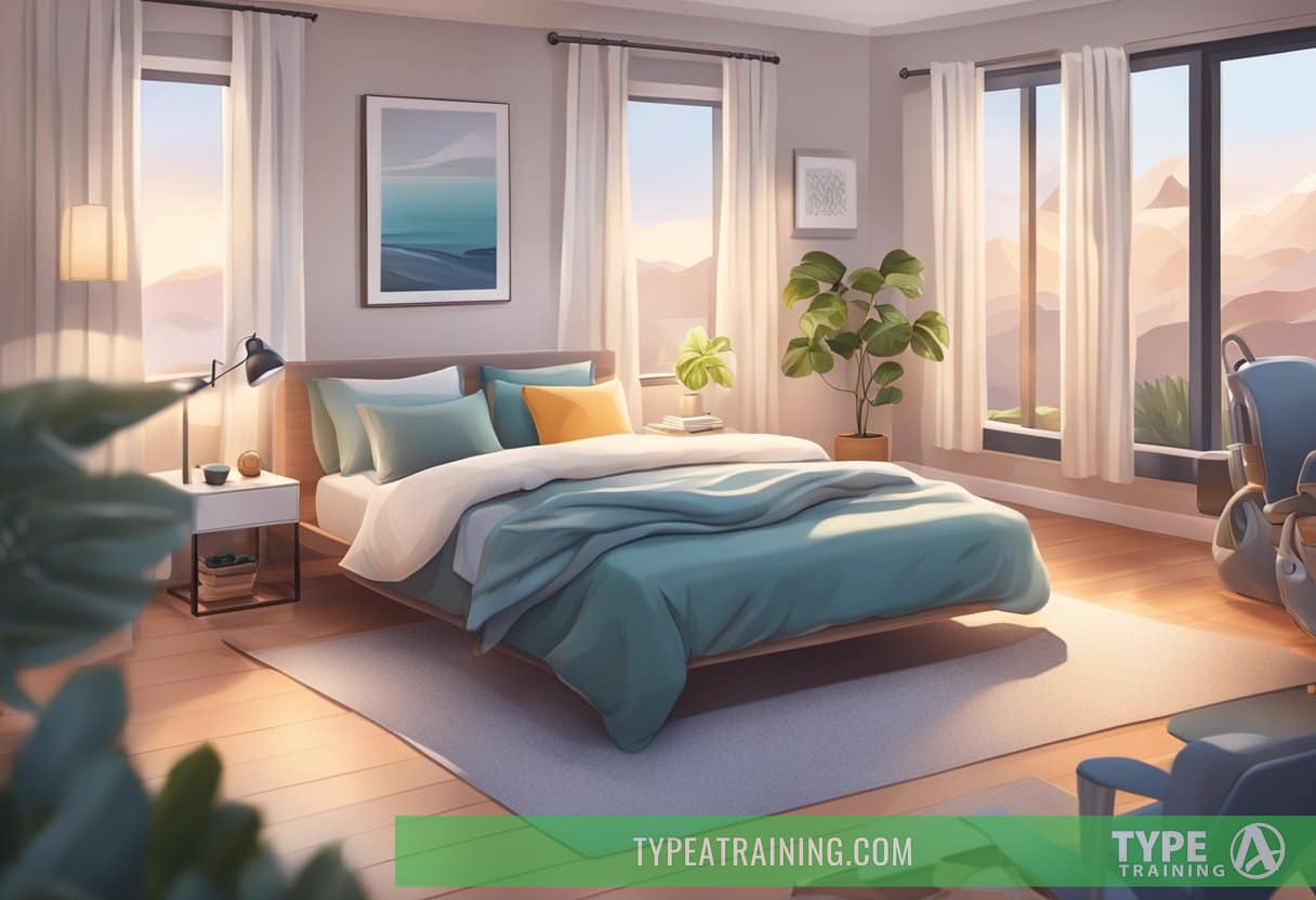 A serene bedroom with a comfortable bed and soft lighting, surrounded by fitness equipment and healthy snacks, creating a peaceful environment for optimal sleep and muscle recovery