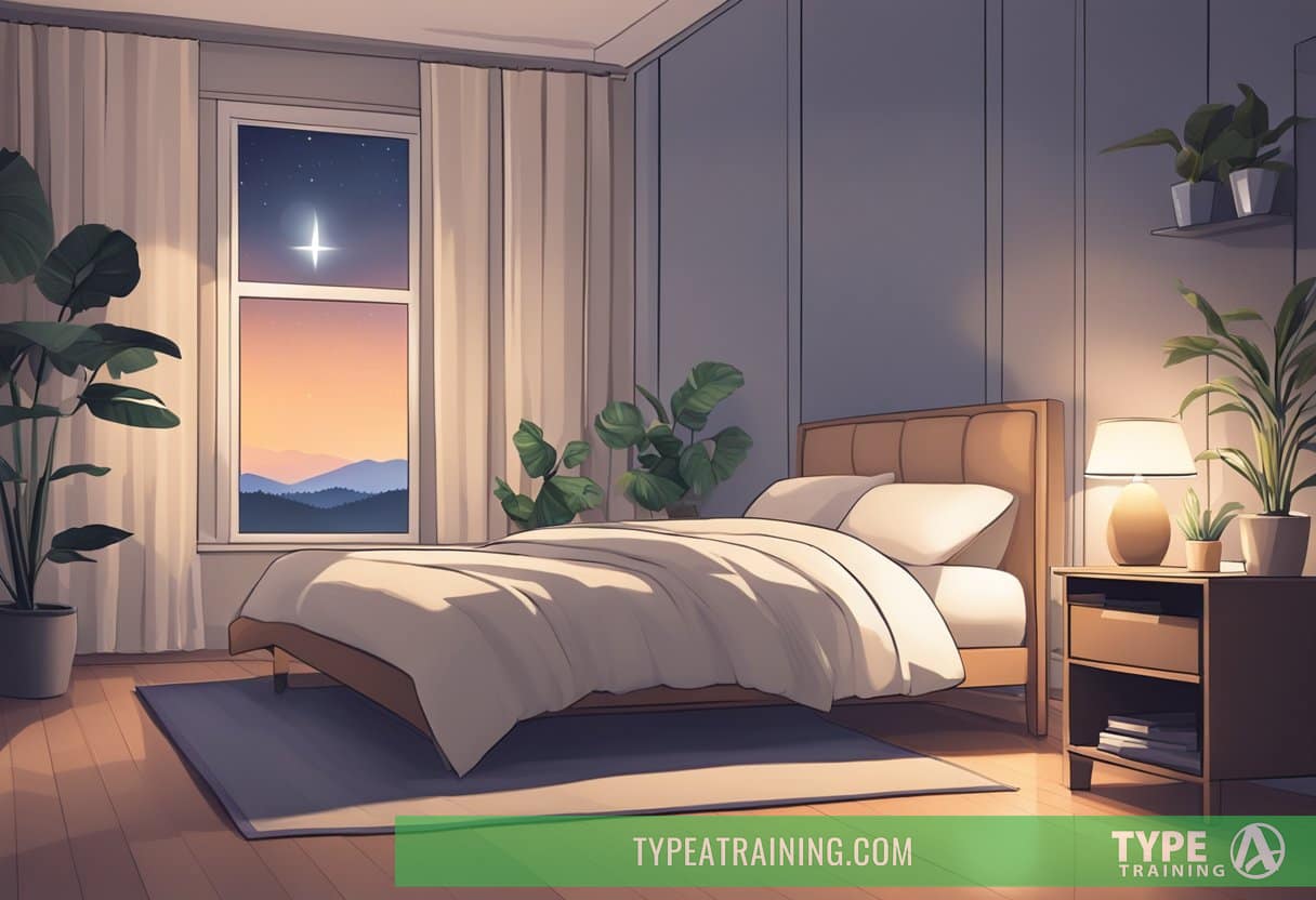 A serene bedroom with a cozy bed, dim lighting, and a peaceful atmosphere. A clock on the nightstand shows a late hour, indicating the importance of a full night's rest for muscle recovery and growth