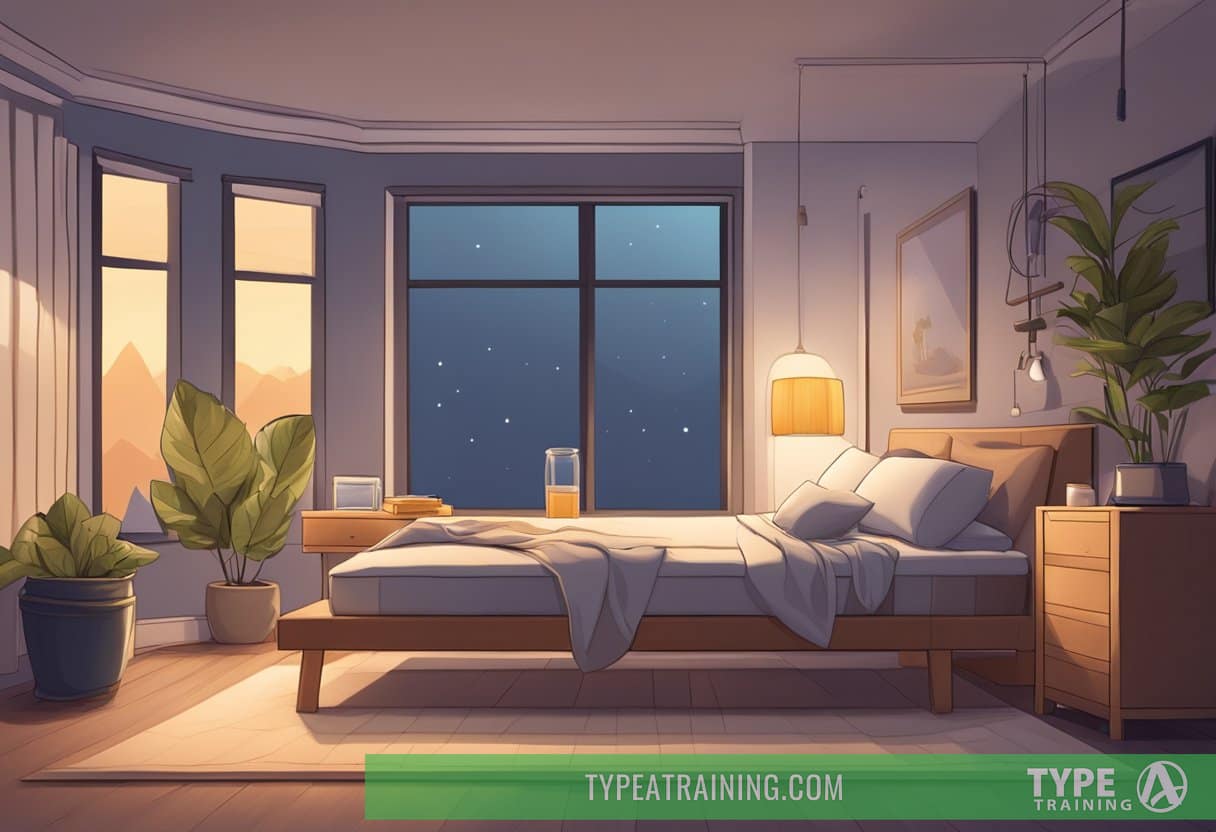 A peaceful bedroom with a cozy bed, dim lighting, and a serene atmosphere, surrounded by fitness gear and a protein shake, symbolizing the importance of sleep for muscle recovery and growth