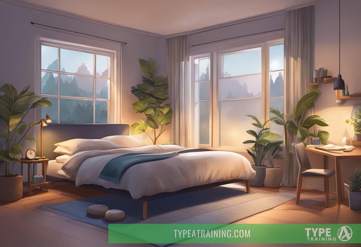 A serene bedroom with a cozy bed, dim lighting, and a peaceful atmosphere, surrounded by fitness equipment and healthy lifestyle elements