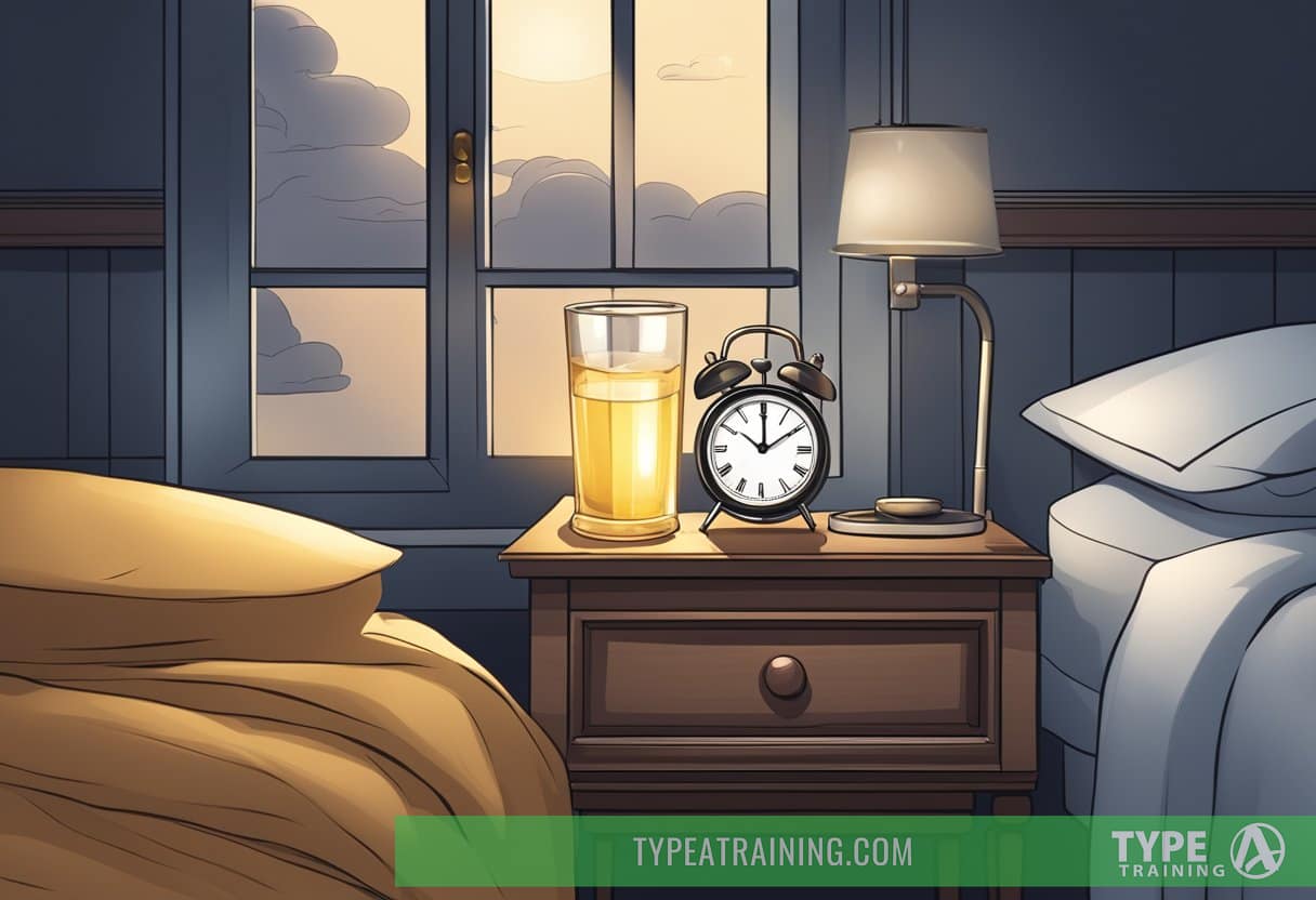 A bedside table with a glass of water, a clock showing nighttime, and a peaceful sleeping environment with a moonlit window