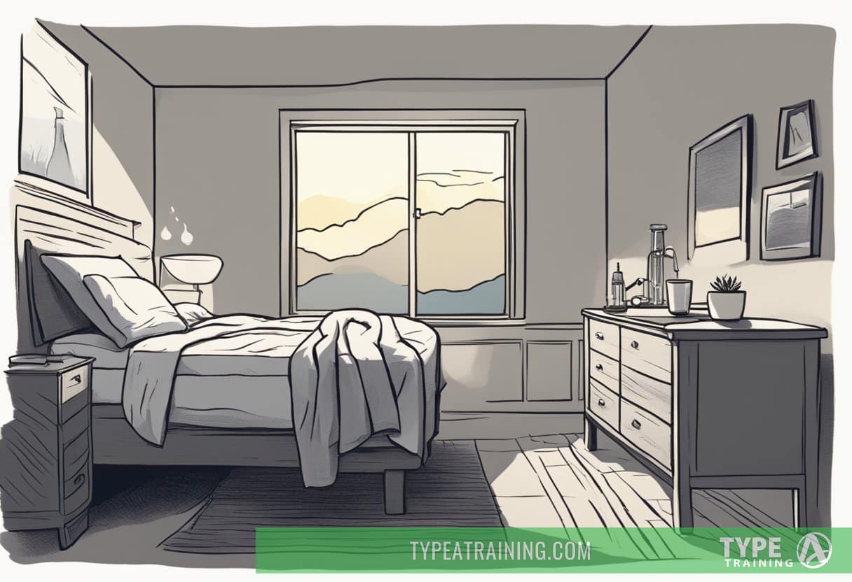 A dimly lit bedroom with a glass of water on a bedside table, a person sleeping restlessly, and a thought bubble showing a parched throat