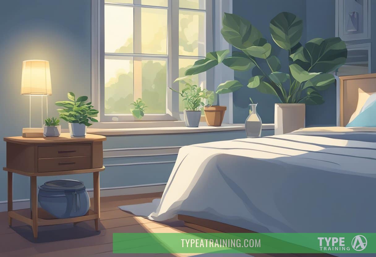 A serene bedroom with a bedside table holding a glass of water, a pitcher, and a plant. Moonlight filters through the window, casting a gentle glow