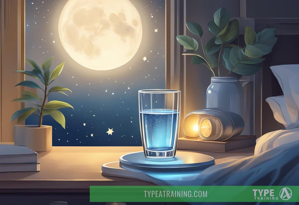 A serene night scene with a clear glass of water on a bedside table, surrounded by stars and a crescent moon, symbolizing the connection between hydration and better sleep