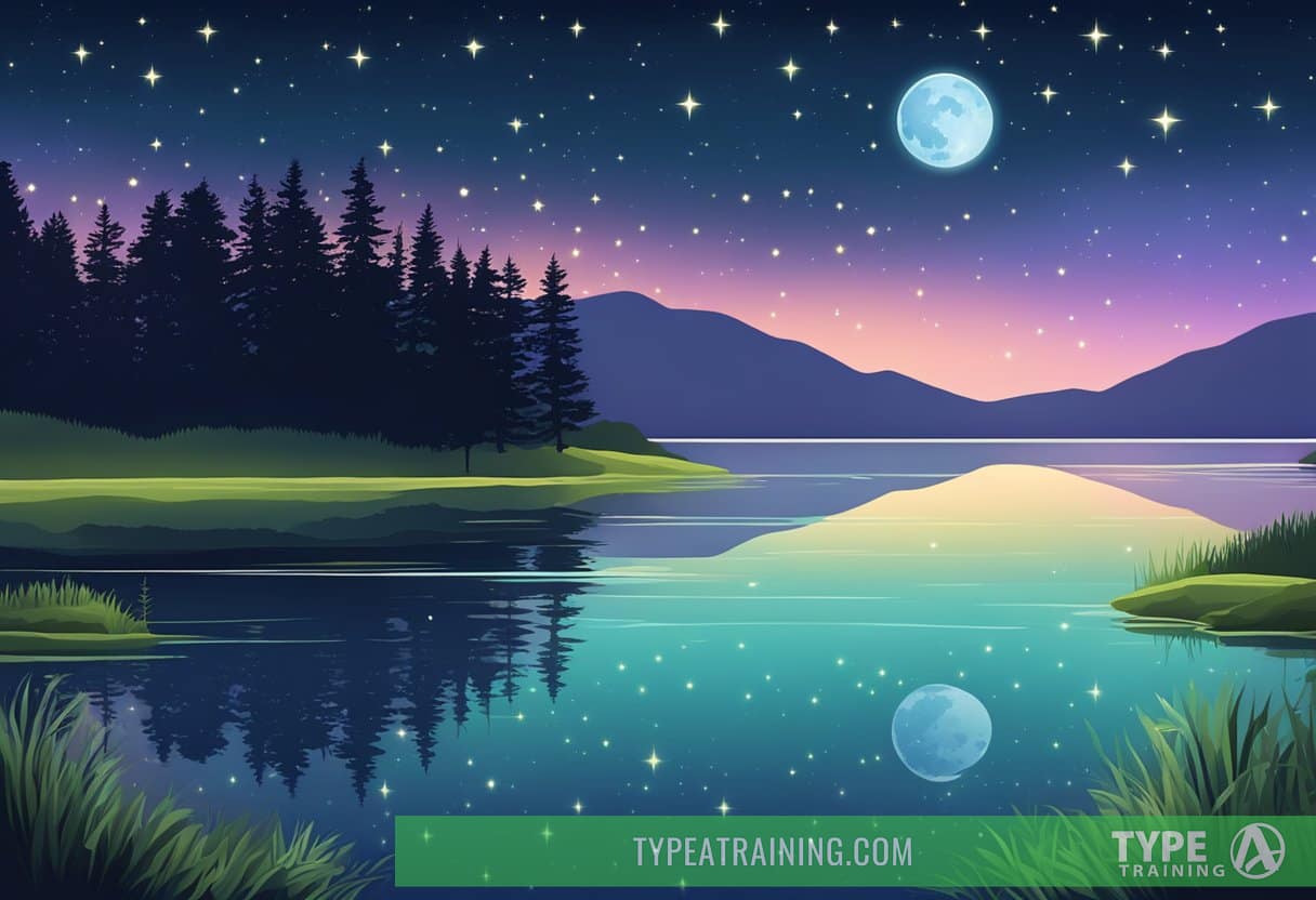 A serene night scene with a calm lake reflecting the moonlight, surrounded by lush greenery and a starry sky above