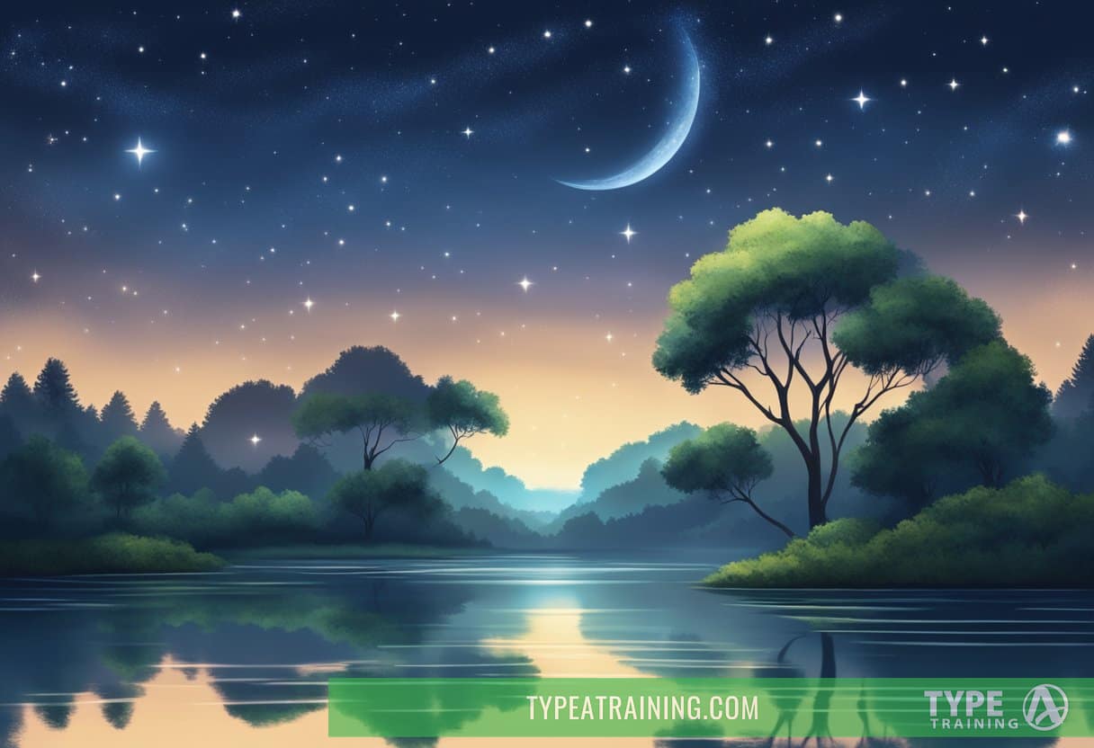 A tranquil night scene with a calm body of water reflecting a starry sky, surrounded by lush greenery and peaceful surroundings