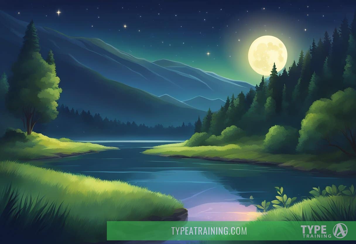 A serene night sky with a crescent moon shining down on a tranquil landscape, featuring a peaceful river and lush greenery