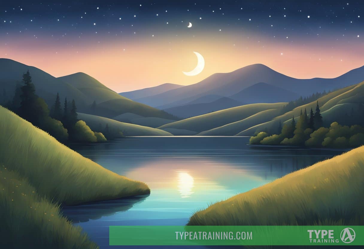 A serene night sky with a crescent moon shining down on a peaceful landscape of rolling hills and a calm body of water