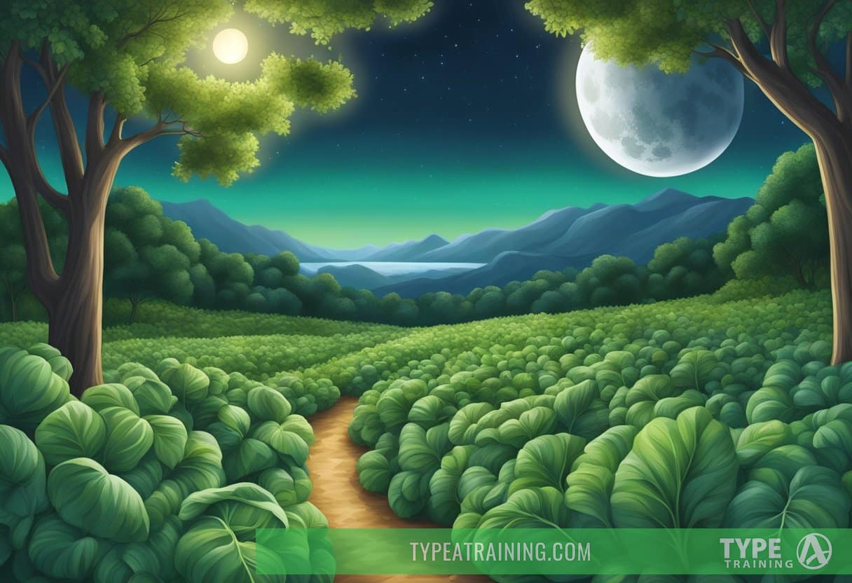 A serene night sky with a full moon shining down on a peaceful landscape of green leafy vegetables and nuts, symbolizing dietary sources of magnesium and the support it provides for relaxation and restful sleep