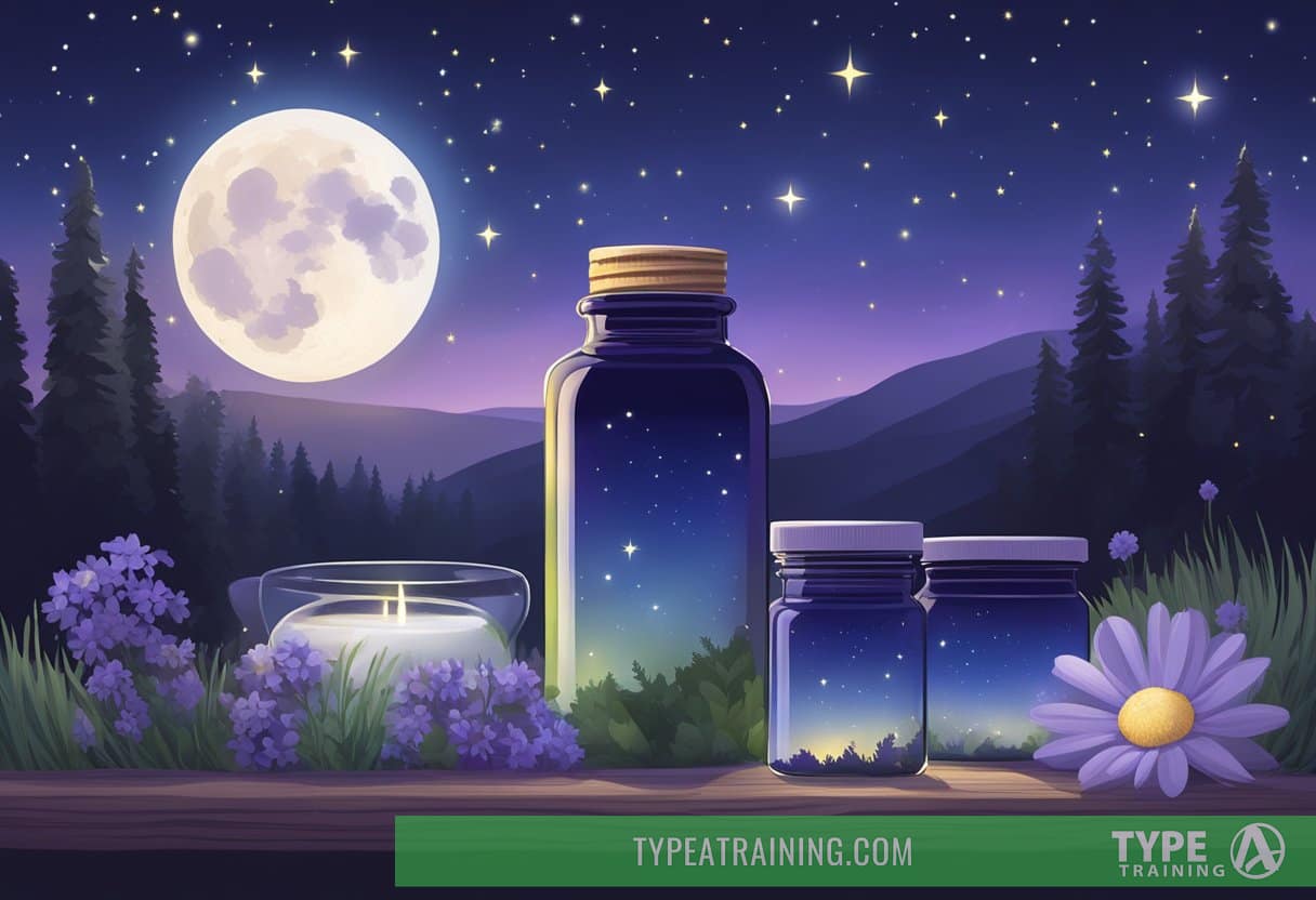 A serene nighttime landscape with a glowing moon and starry sky, featuring a bottle of magnesium supplements surrounded by calming elements like lavender and chamomile