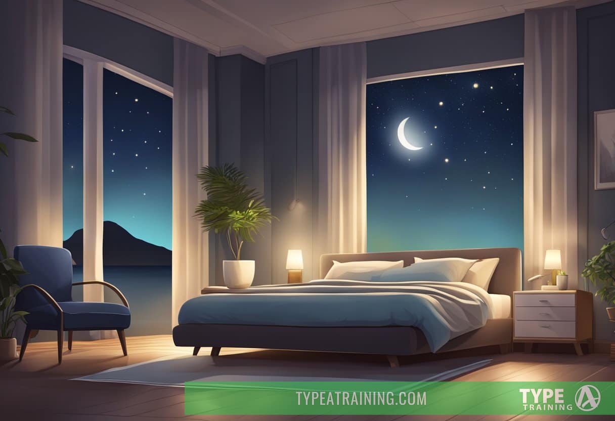 A serene night scene with a peaceful sleeping environment, including a bed, pillows, and a calming atmosphere with the presence of magnesium-rich foods or supplements